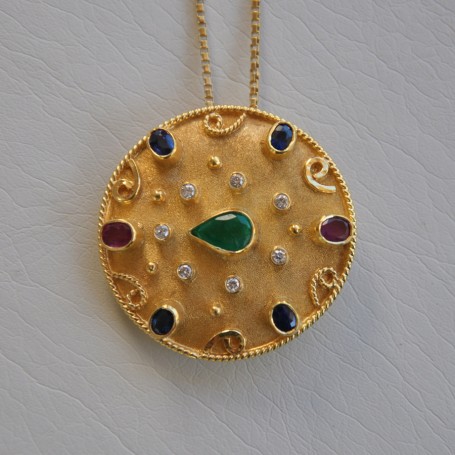 YELLOW GOLD PENDANT/PIN K18  13.00 GR WITH BRILLIANTS 0.16 ct  AND SAPPHIRES/RUBIES/EMERALD 2.45 ct MB00002