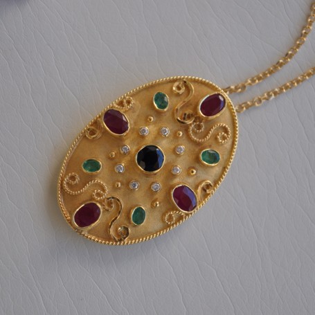 YELLOW GOLD PENDANT/PIN K18  20.30 GR WITH BRILLIANTS 0.18 ct  AND SAPPHIRE/RUBIES/EMERALDS 6.20 ct MB00003 